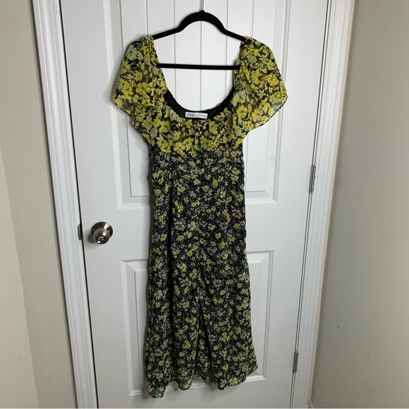 Zara floral ruffle yellow slit front‎ midi dress size medium blogger spring - Picture 2 of 6